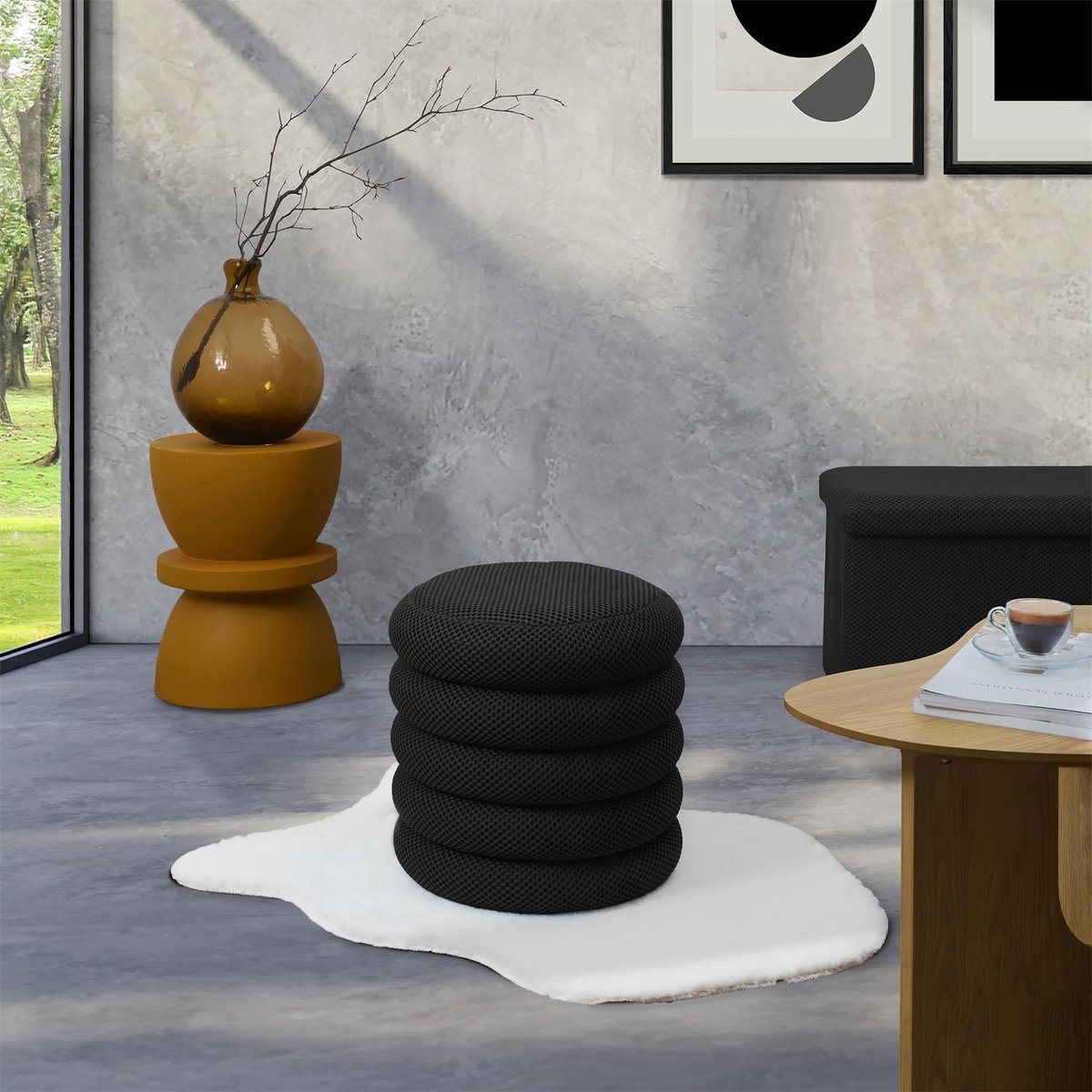 Pouf de rangement avec tissu texturé ATOME noir, THE HOME DECO FACTORY