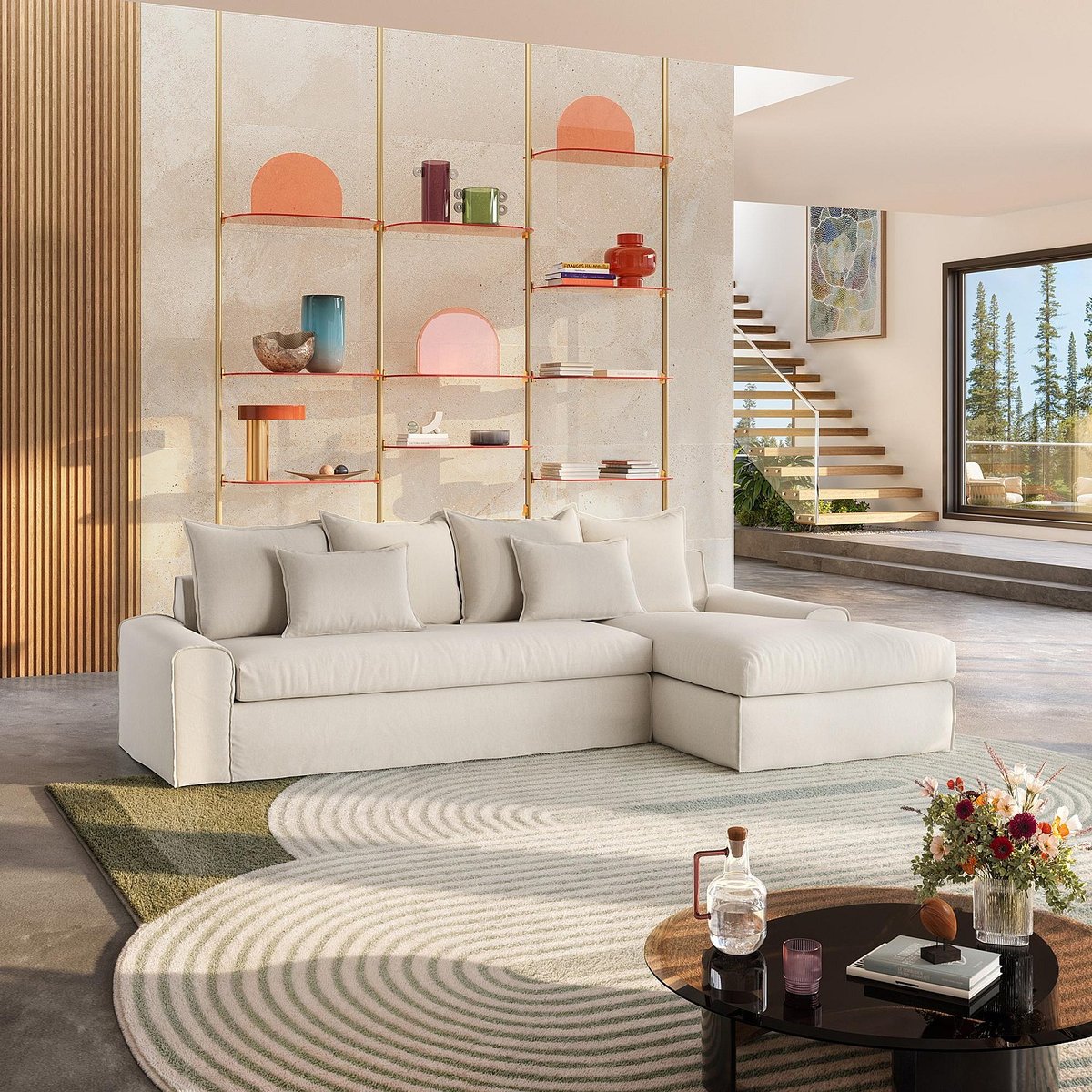 Canapé d'angle droit déhoussable en coton et lin garni de plumes GINOSA beige, HABITAT