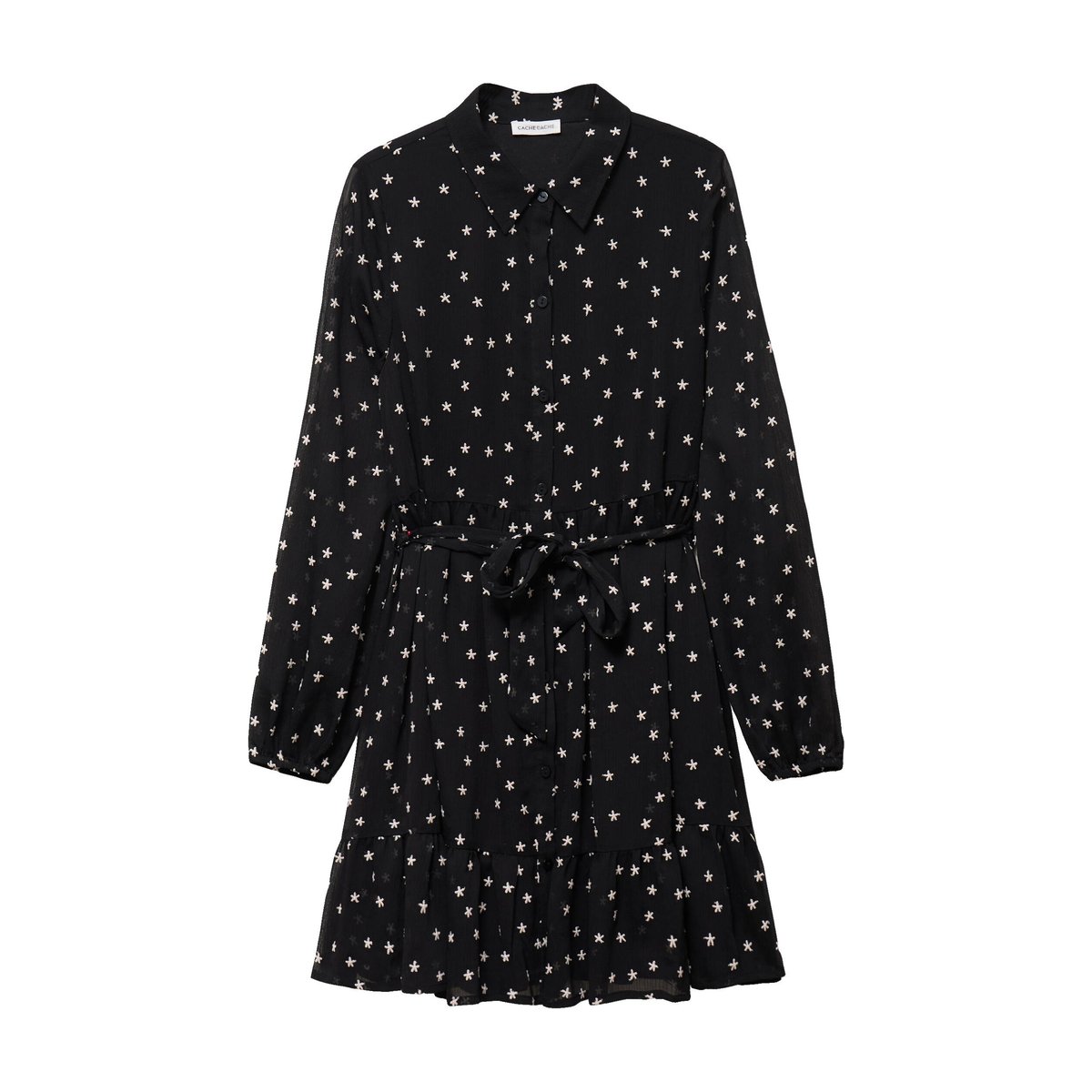 Robe brodée évasée manches longues noir, CACHE CACHE