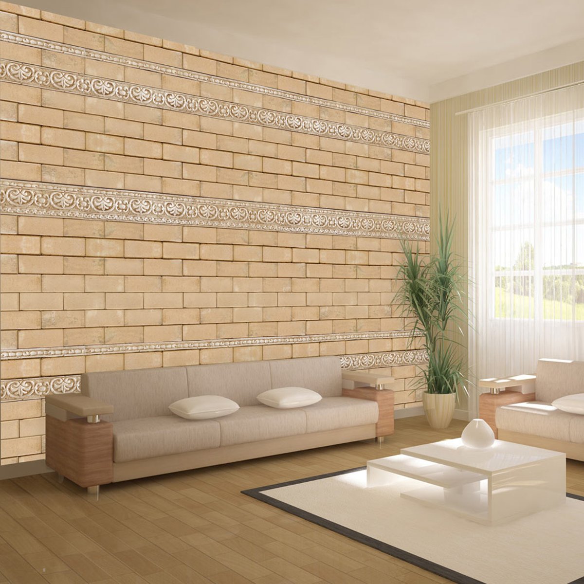Papier peint intissé panoramique Mur avec ornements beige, EDEN