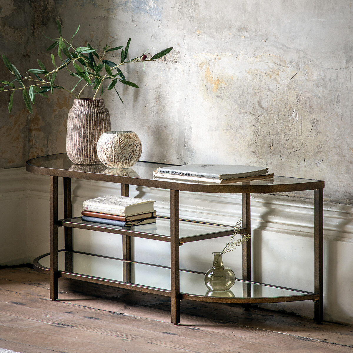 Hana Luxe Curved Glass & Mirror TV Stand bronze, ÉDITÉ