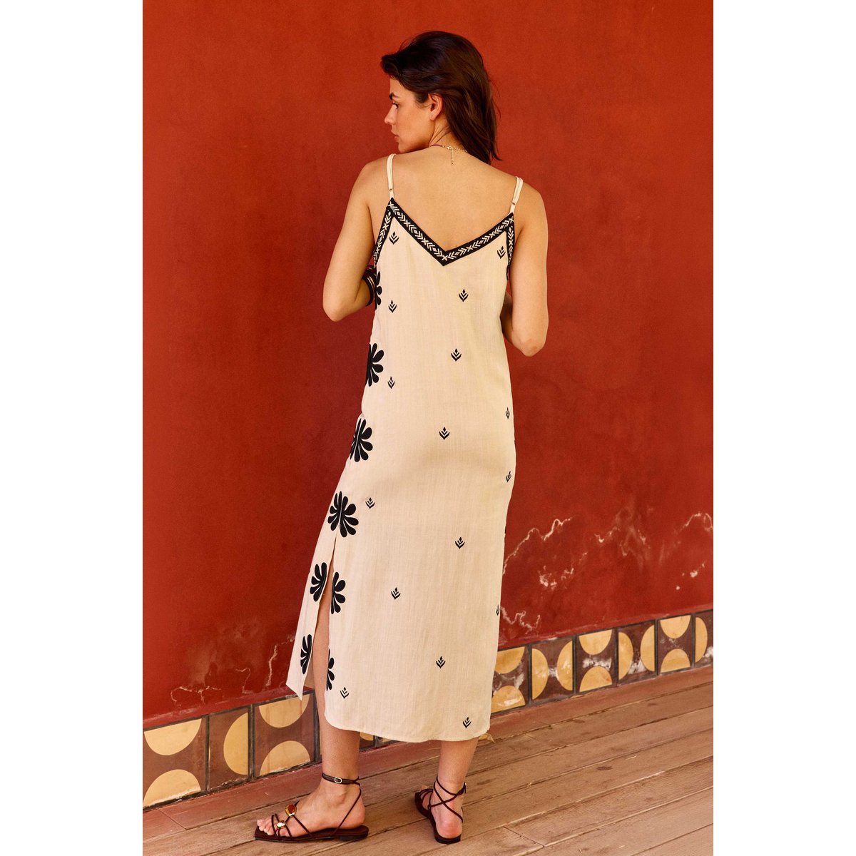 Robe longueur midi droite imprimé ethnique ROY 13-beige/noir, LA PETITE ETOILE