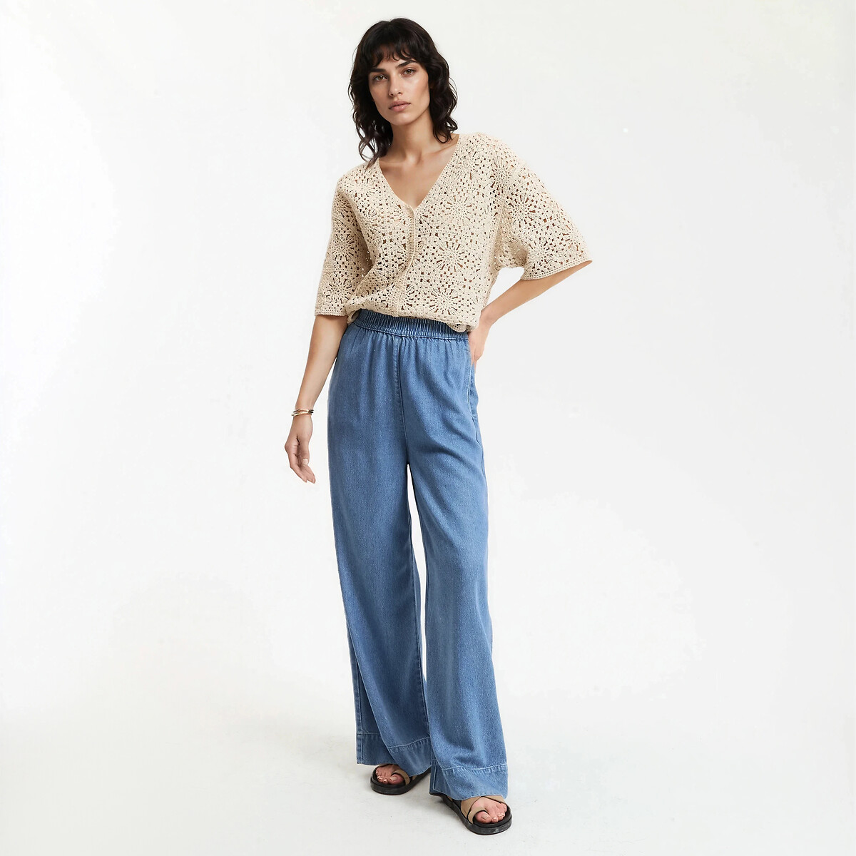 Jean fluide large taille haute élastiquée bleu double stone, LA REDOUTE COLLECTIONS