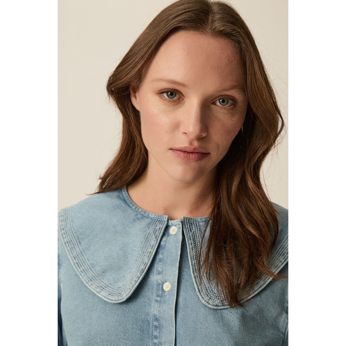 Blouse en denim col Claudine, LOUISE denim clair, DES PETITS HAUTS