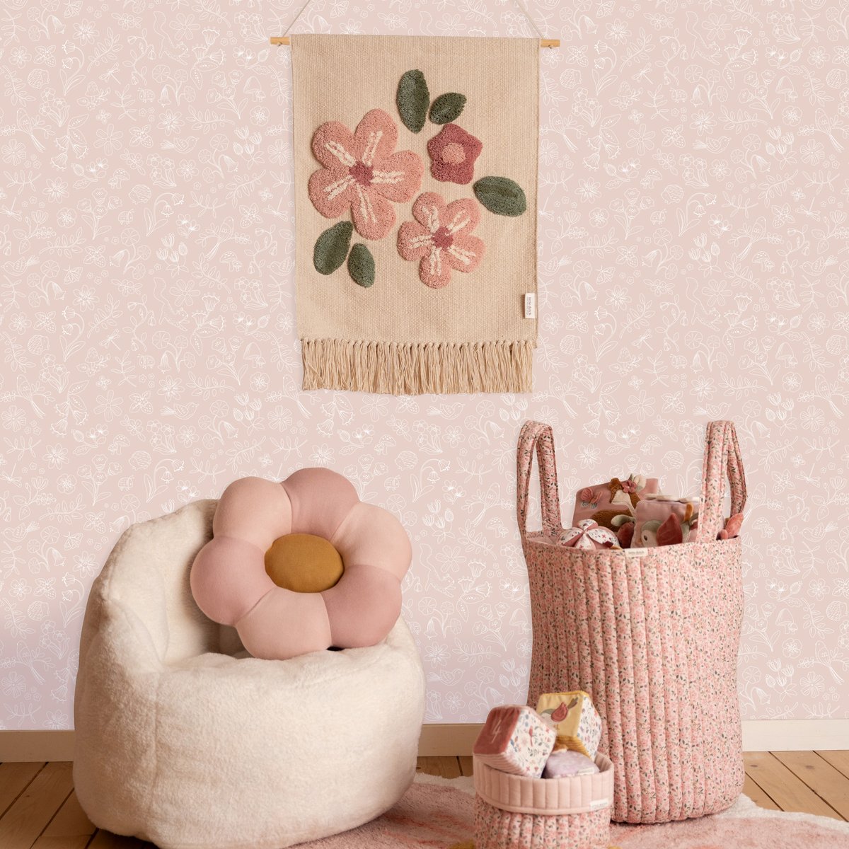 Papier peint pour enfant Petits animaux de la forêt rose vintage, blanc cassé, LITTLE DUTCH