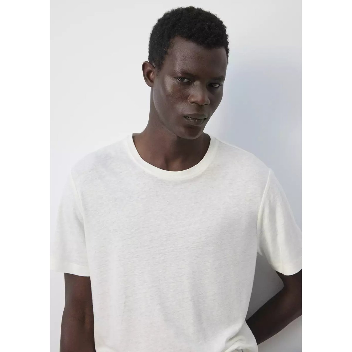 T-shirt slim fit en mélange de lin blanc, MANGO MAN