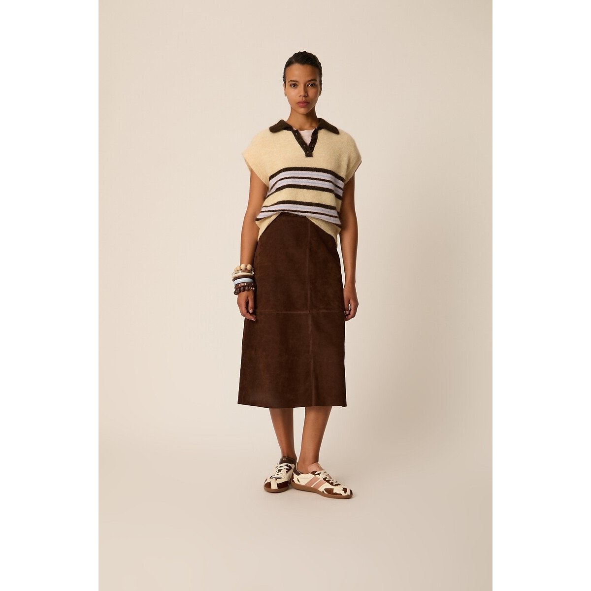 Maglione senza maniche con collo a polo a righe, BERNI crema, DES PETITS HAUTS