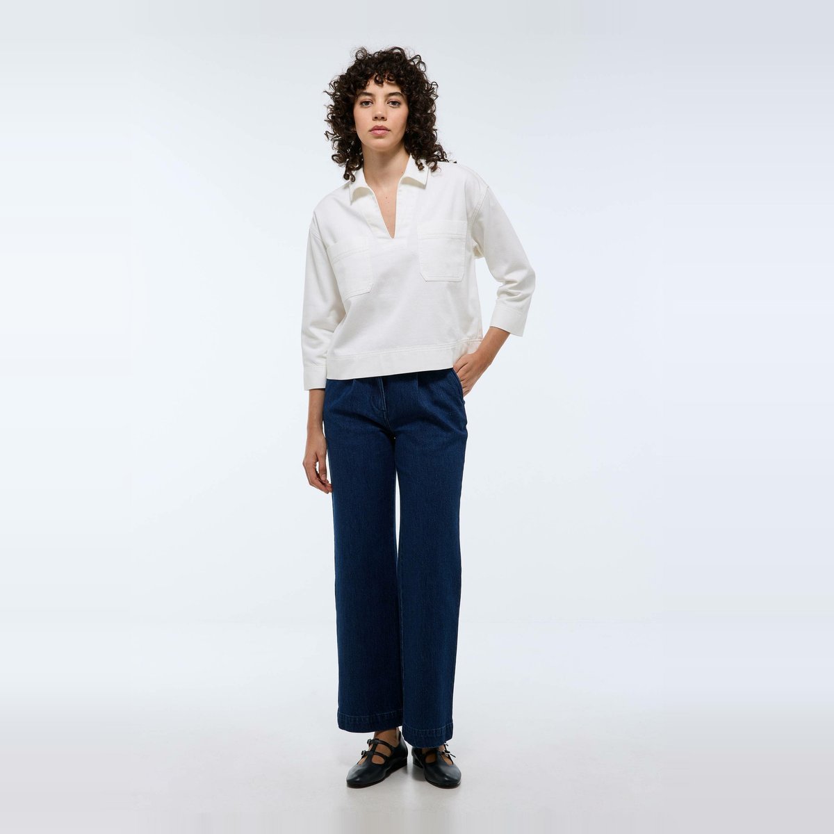 Chemise manches trois quarts en denim ecru, MONOPRIX