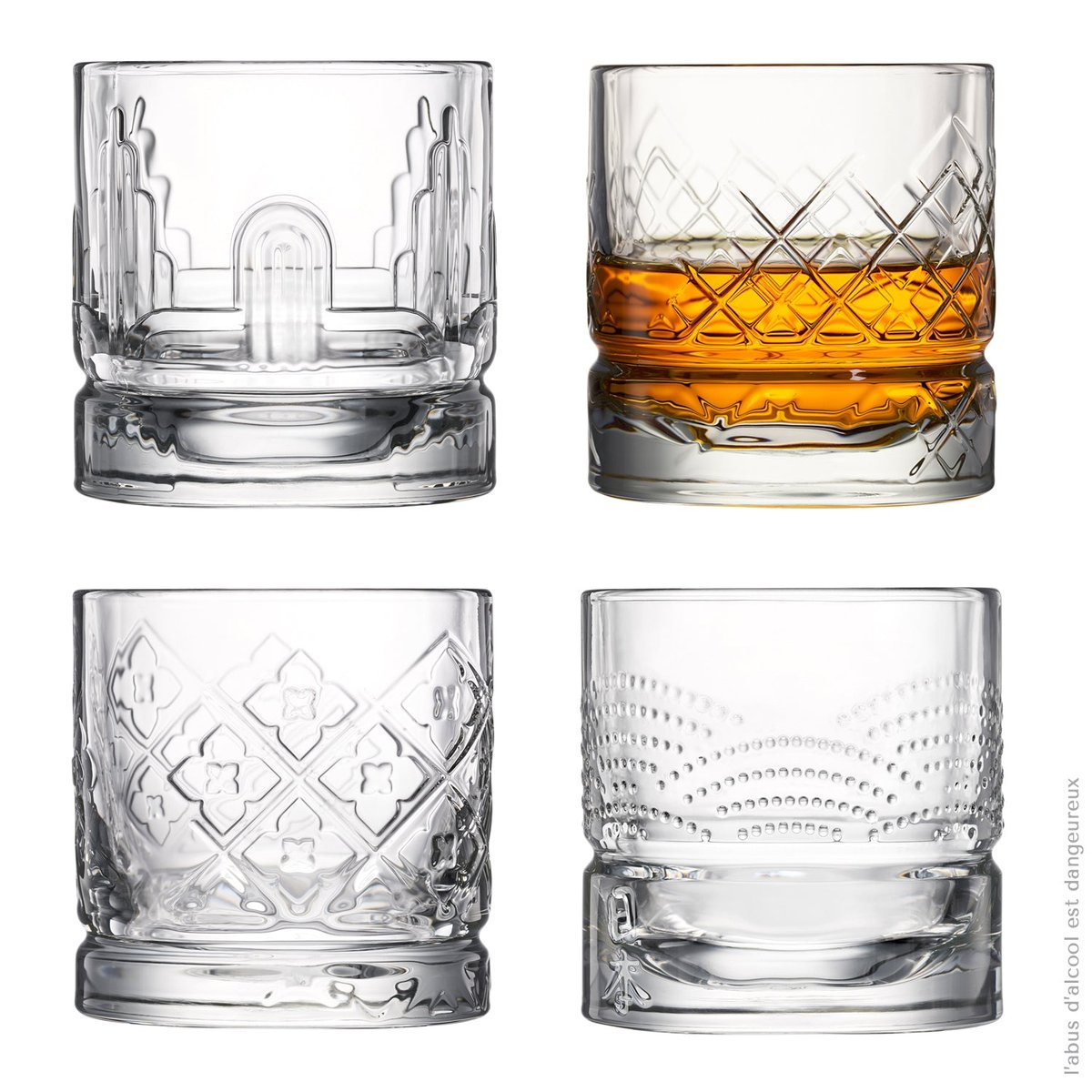 Coffret de 4 verres à whisky assortis, DANDY transparent, LA ROCHERE