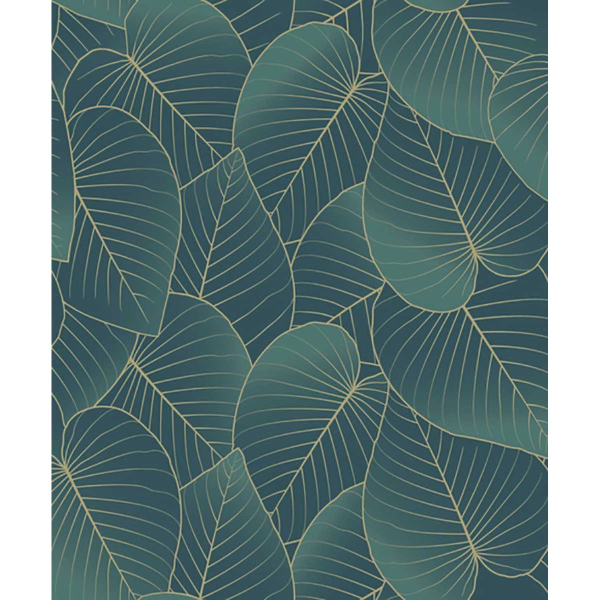Papier peint feuilles tropicales bleu canard doré vert, HEXOA