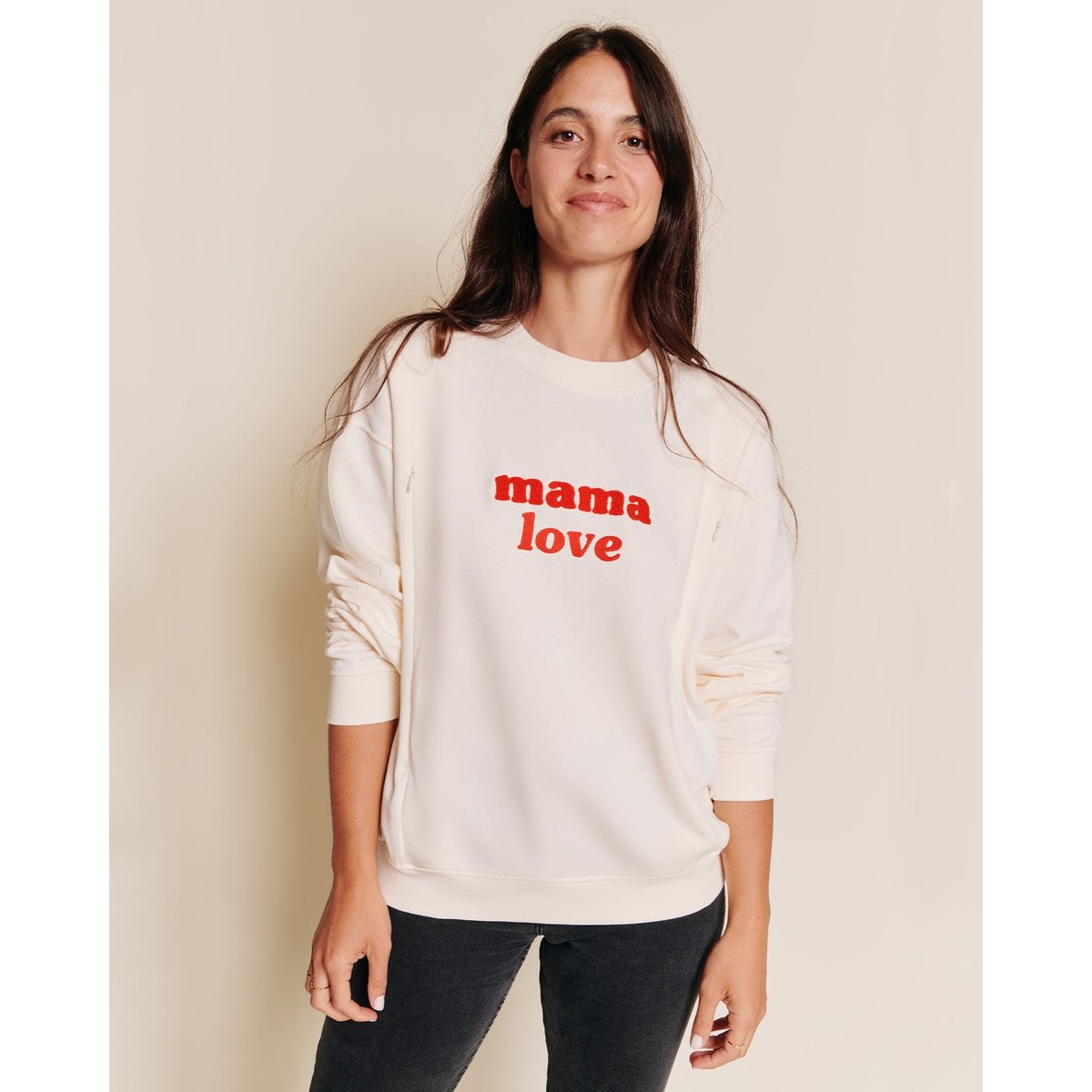 Sweat d'allaitement brodé en coton bio, LOVE ROUGE blanc - crème, EMOI EMOI