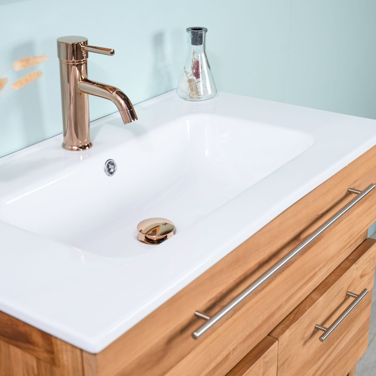 Meuble salle de bain en teck et céramique Bagster 80 cm crème, WANDA COLLECTION