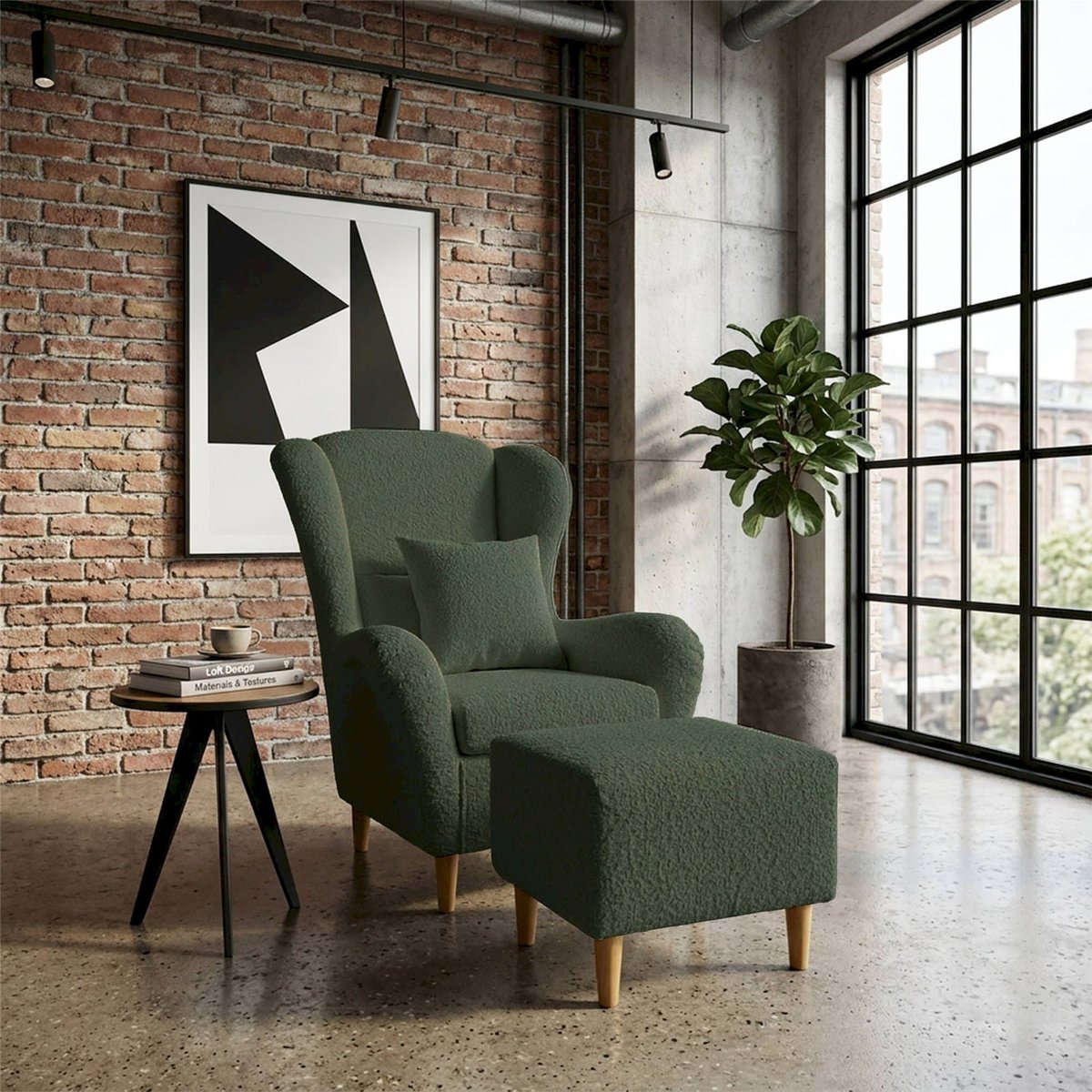 Fauteuil à oreilles chenille et repose-pieds gris clair bouclé alice, RECOLLECTION
