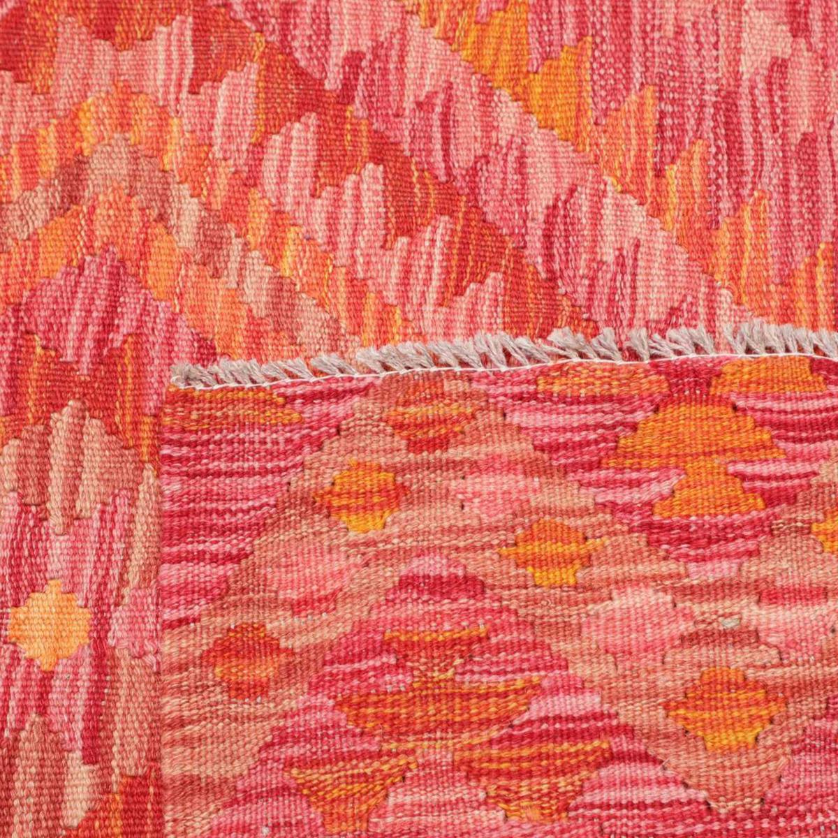 Tapis kilim géométrique, tissé plat en laine, KILIM 39 rouge, orange, rose, UN AMOUR DE TAPIS