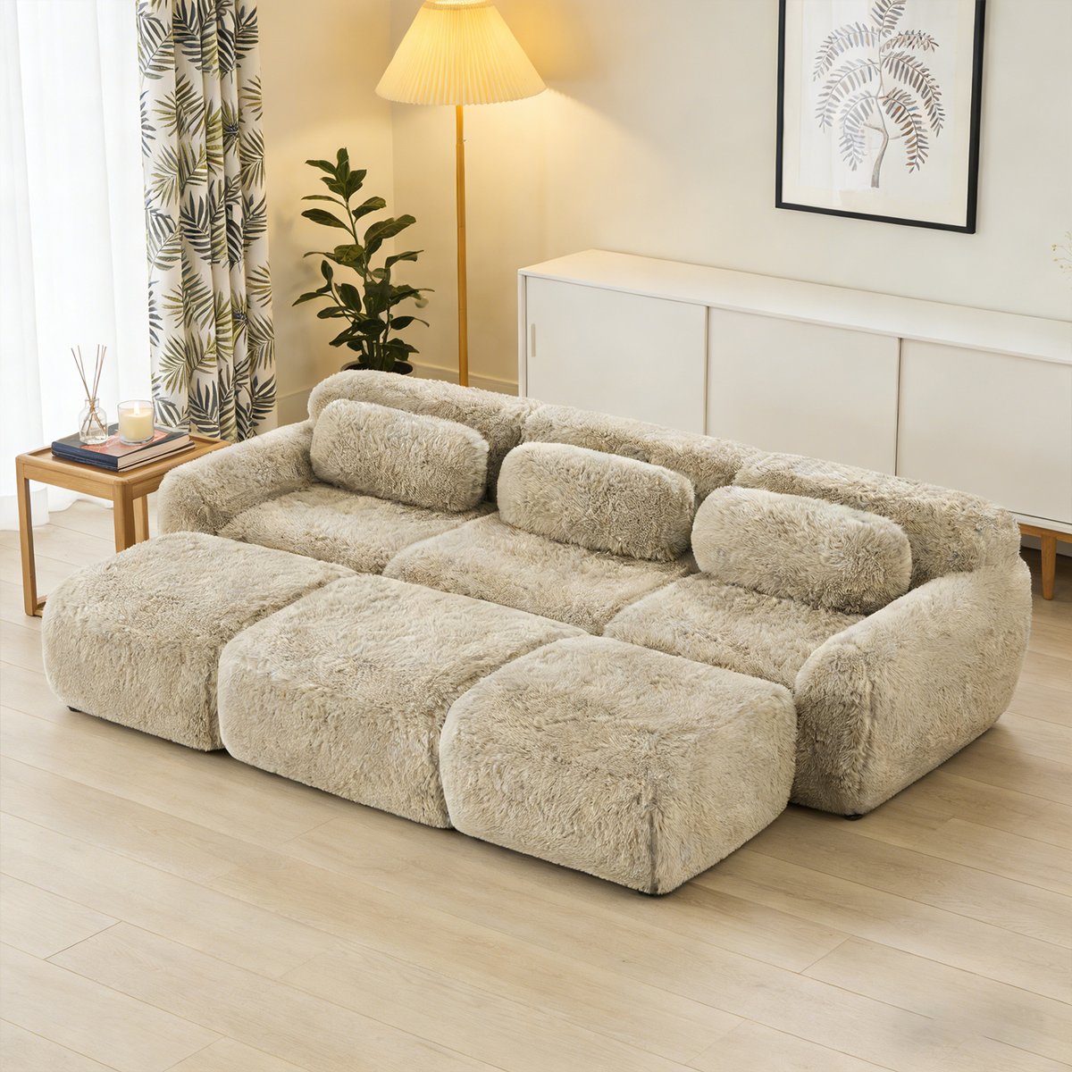 Canapé d'angle réversible 3 places avec 3 poufs, WIND kaki, MEUBLES COSY