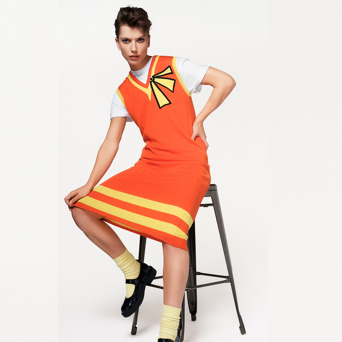 Graphic Merino Wool Sleeveless V-Neck Mid-Length Shift Dress orange, BLANCHEMAILLE