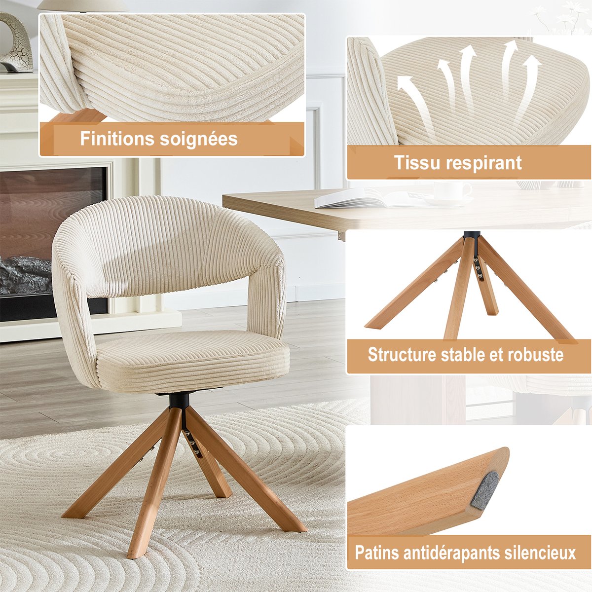 Lot de 6 fauteuils de salle à manger rotatif velours côtelé, CARMONDBCORD chêne beige, MEUBLES COSY