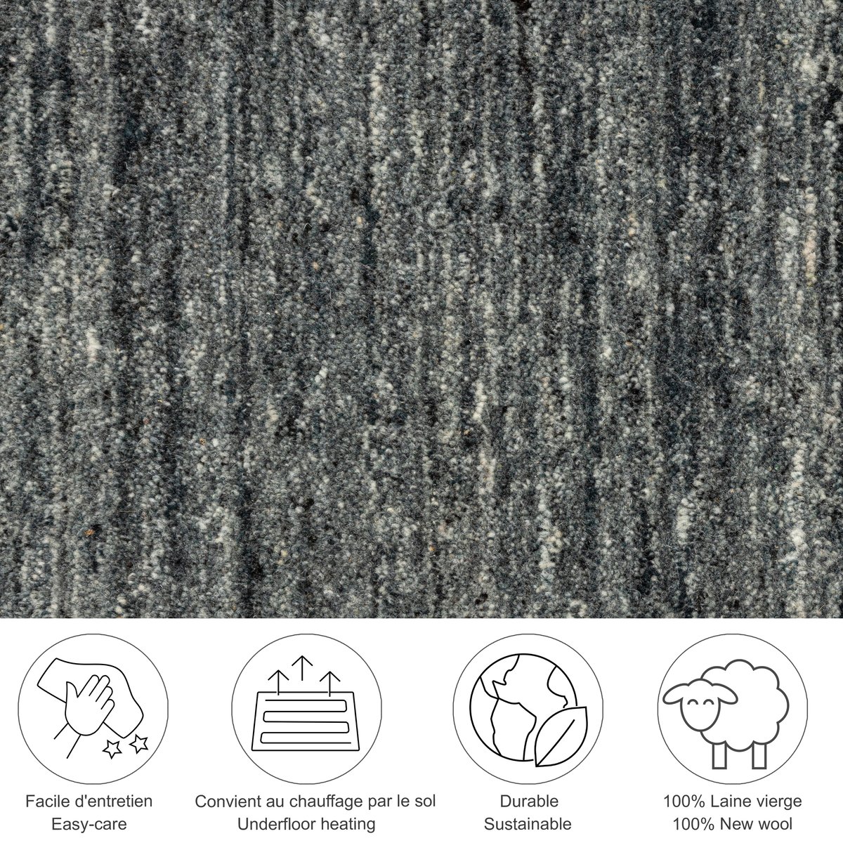 Tapis de salon uni en laine tissé main - PURE anthracite, THEKO