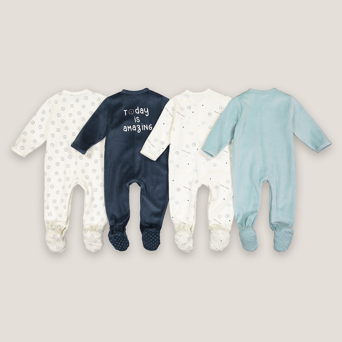 Lot de 4 pyjamas 1 pièce en velours ecru + gris + bleu, LA REDOUTE COLLECTIONS
