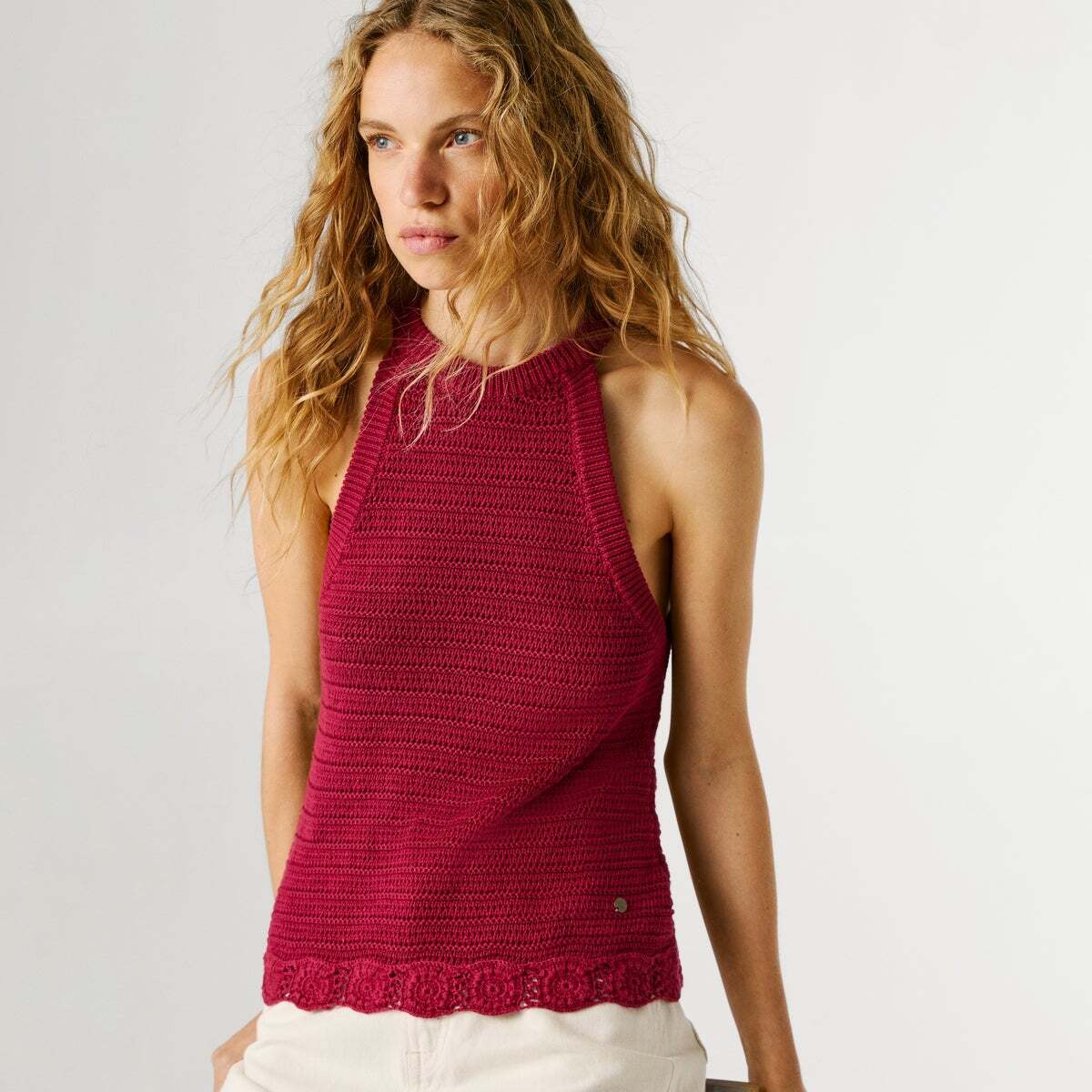 Top Crochet À Col Halter rose canneberge, PEPE JEANS