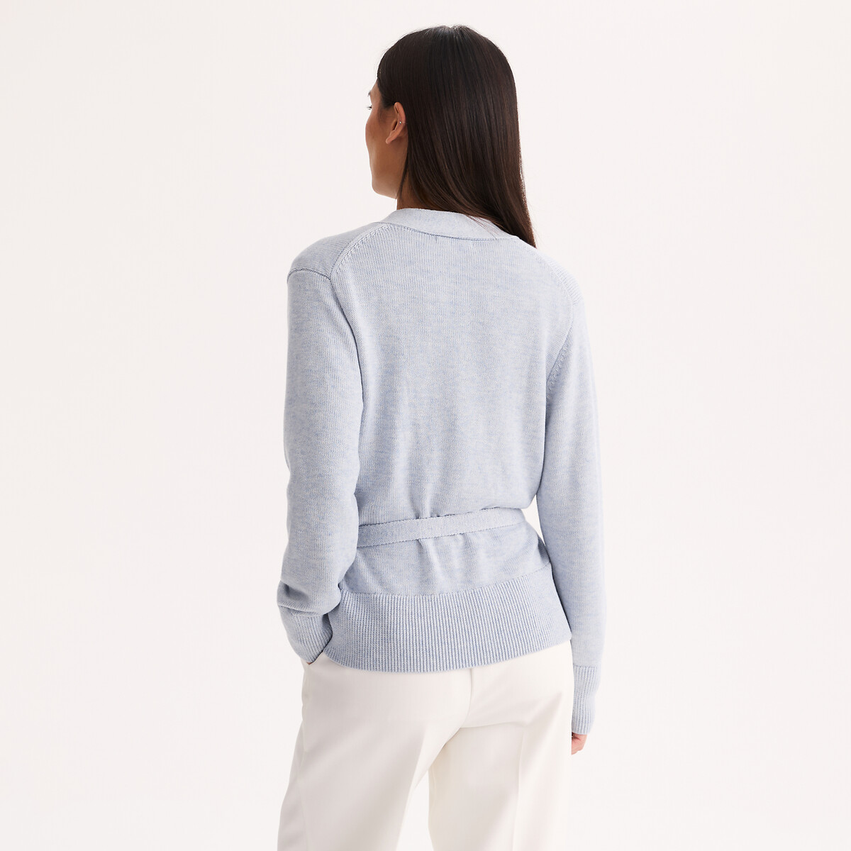 Gilet ceinturé, effet cache-cœur bleu ciel chiné, ANNE WEYBURN