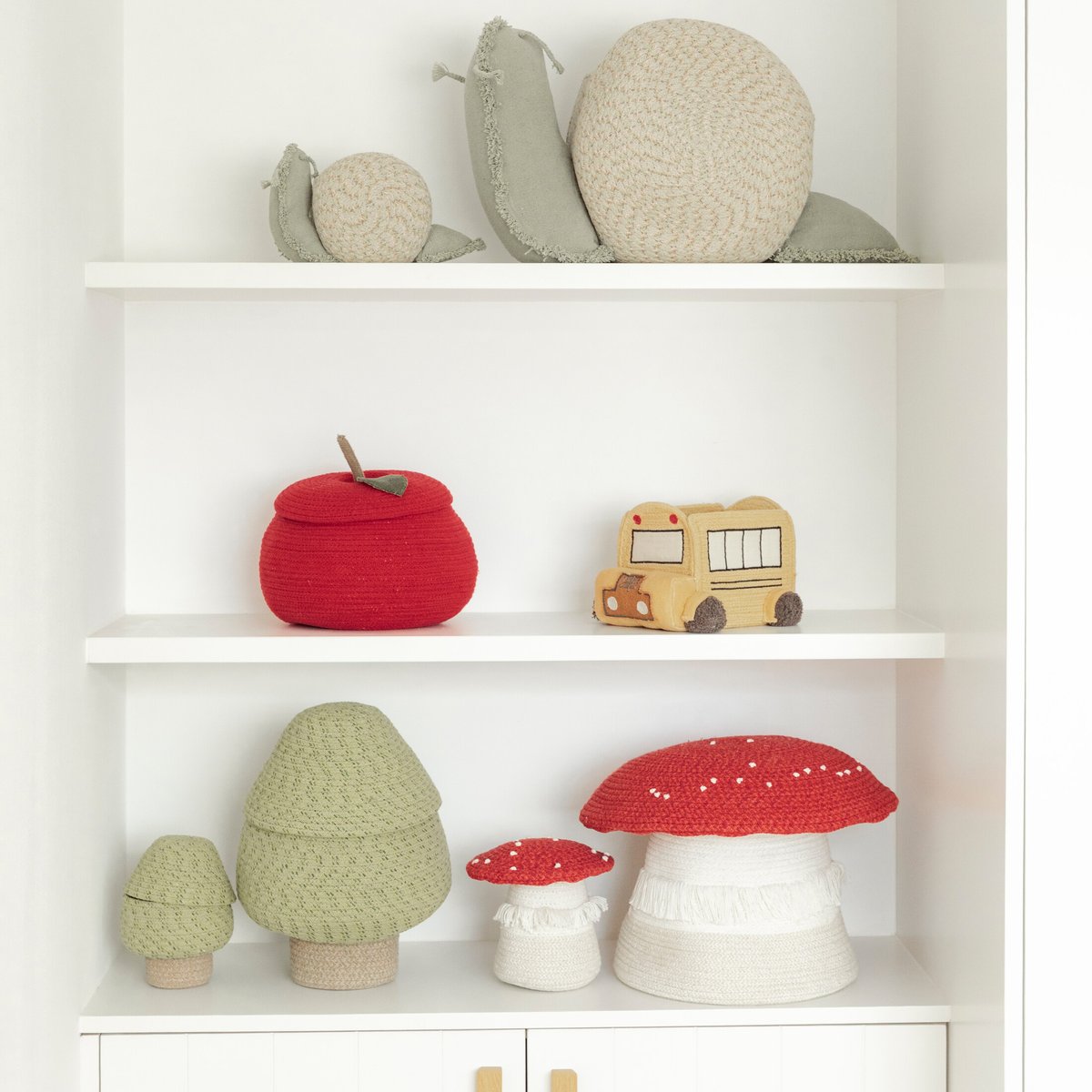 Champignons en panier BACK TO SCHOOL rouge, terre cuite neuve, aubergine, rouge vintage, rouge érable, ivoire, naturel, LORENA CANALS
