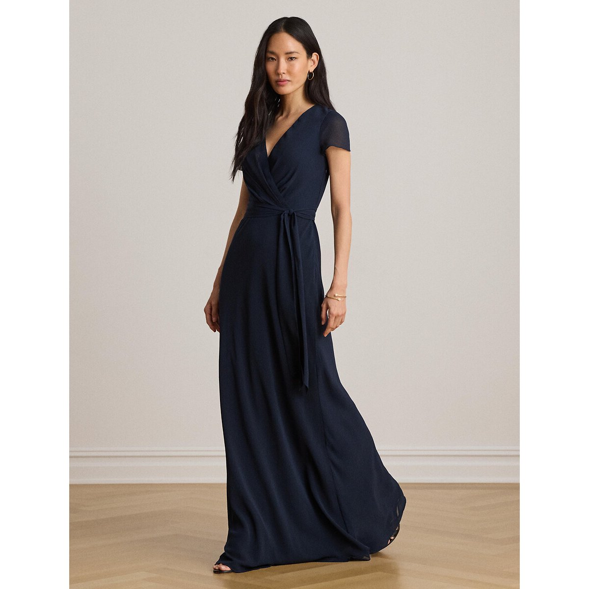 Langes Kleid mit überlappendem V-Ausschnitt und kurzen Ärmeln marine, LAUREN RALPH LAUREN