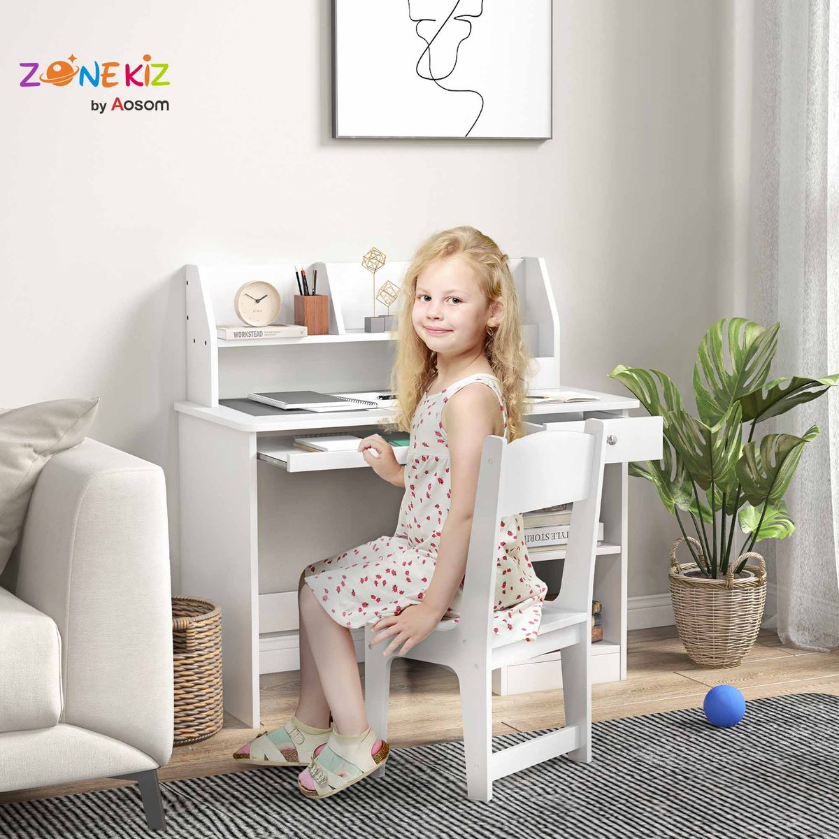 Bureau d'étude pour enfants avec chaise MDF blanc, ZONEKIZ