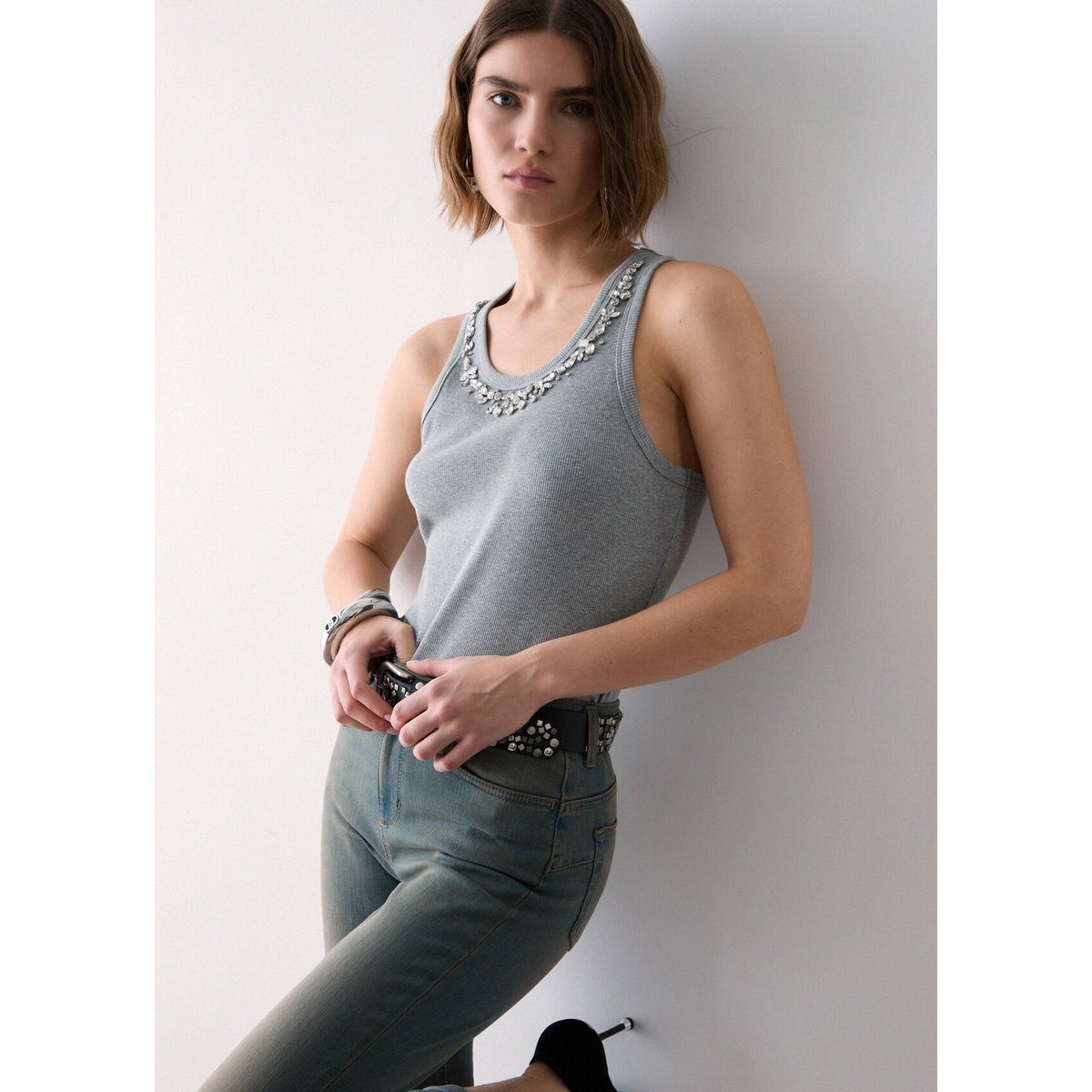 T-shirt avec décoration bijou gris, LIU JO