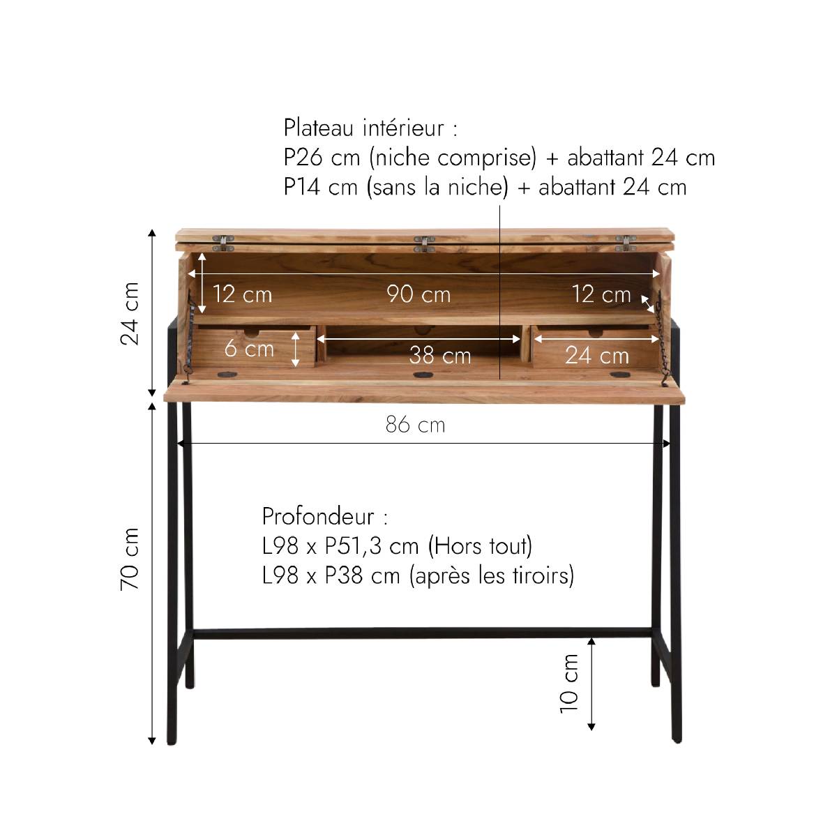 Bureau en bois d'acacia et métal MILO bois clair, MADE IN MEUBLES