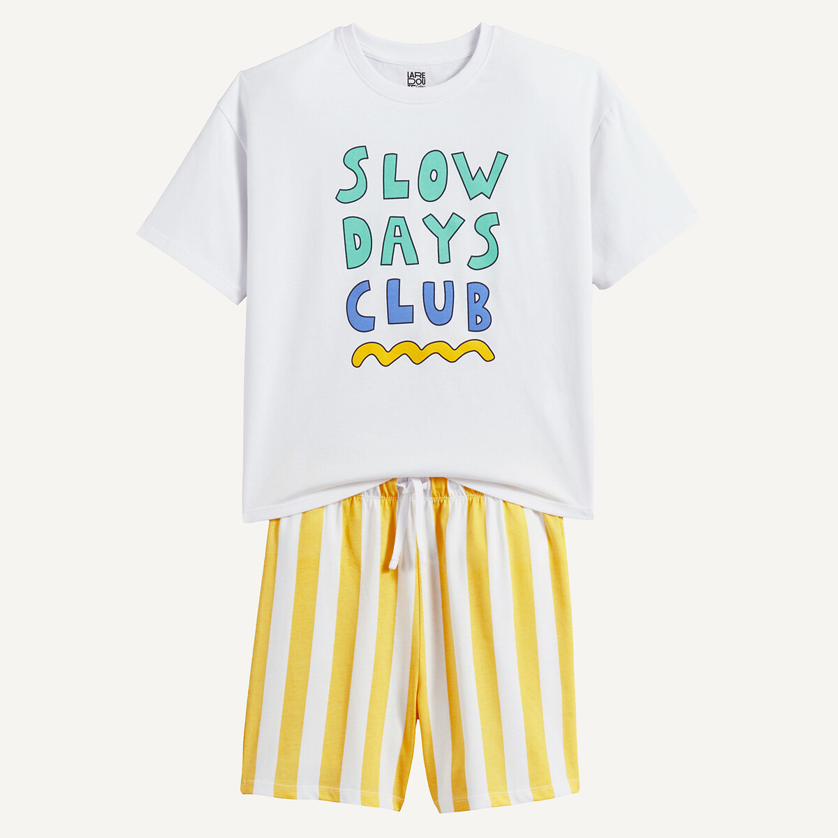Pigiama corto con scritta, in cotone bianco/blu/giallo, LA REDOUTE COLLECTIONS