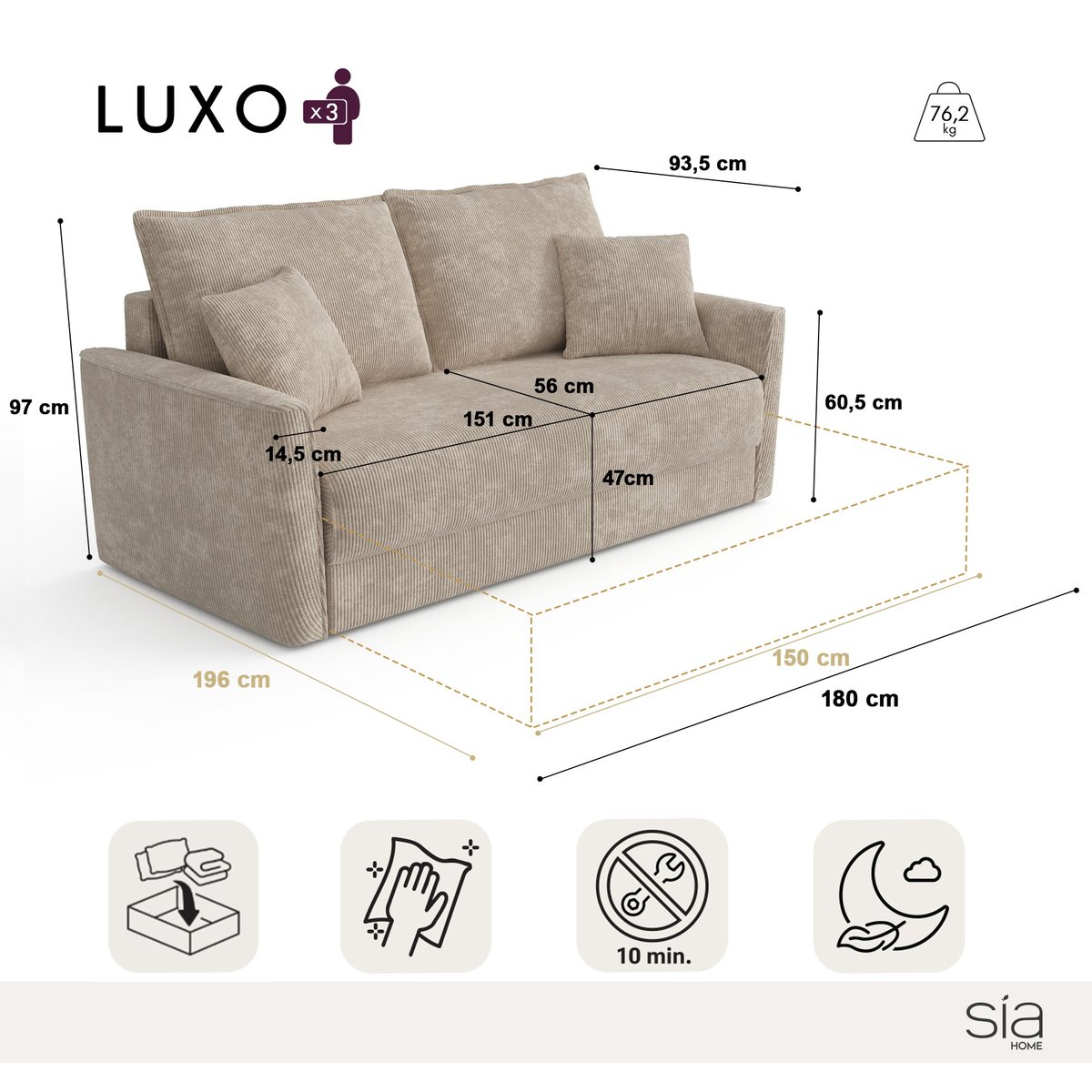 Canapé convertible 3 places en tissu tramé toucher doux LUXO taupe, SIA HOME