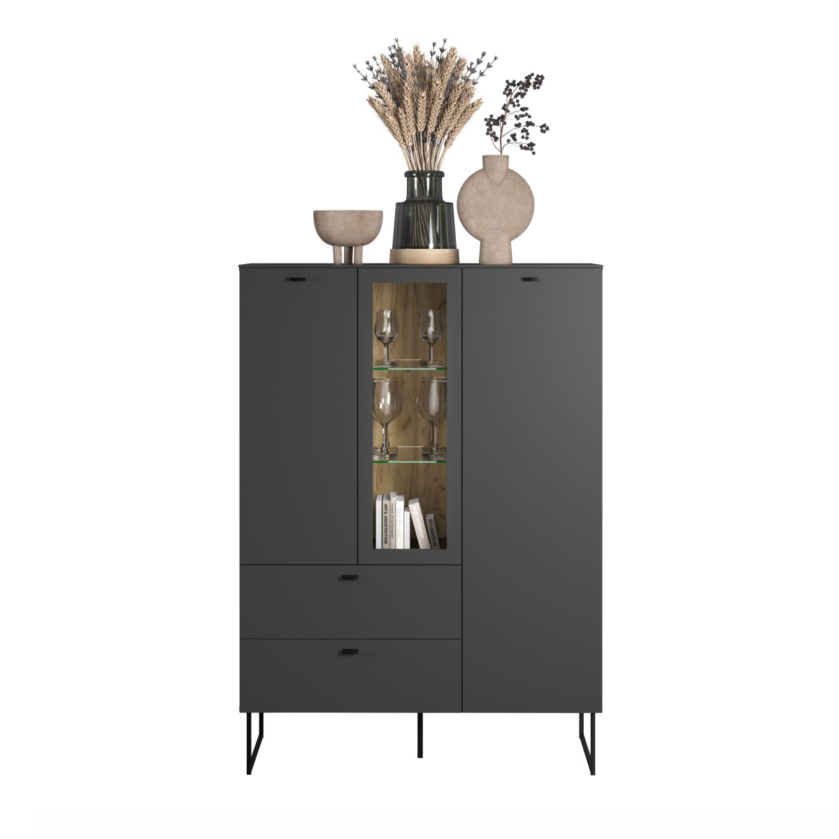 Buffet haut 2 portes, 2 tiroirs - VELA gris anthracite, CALICOSY