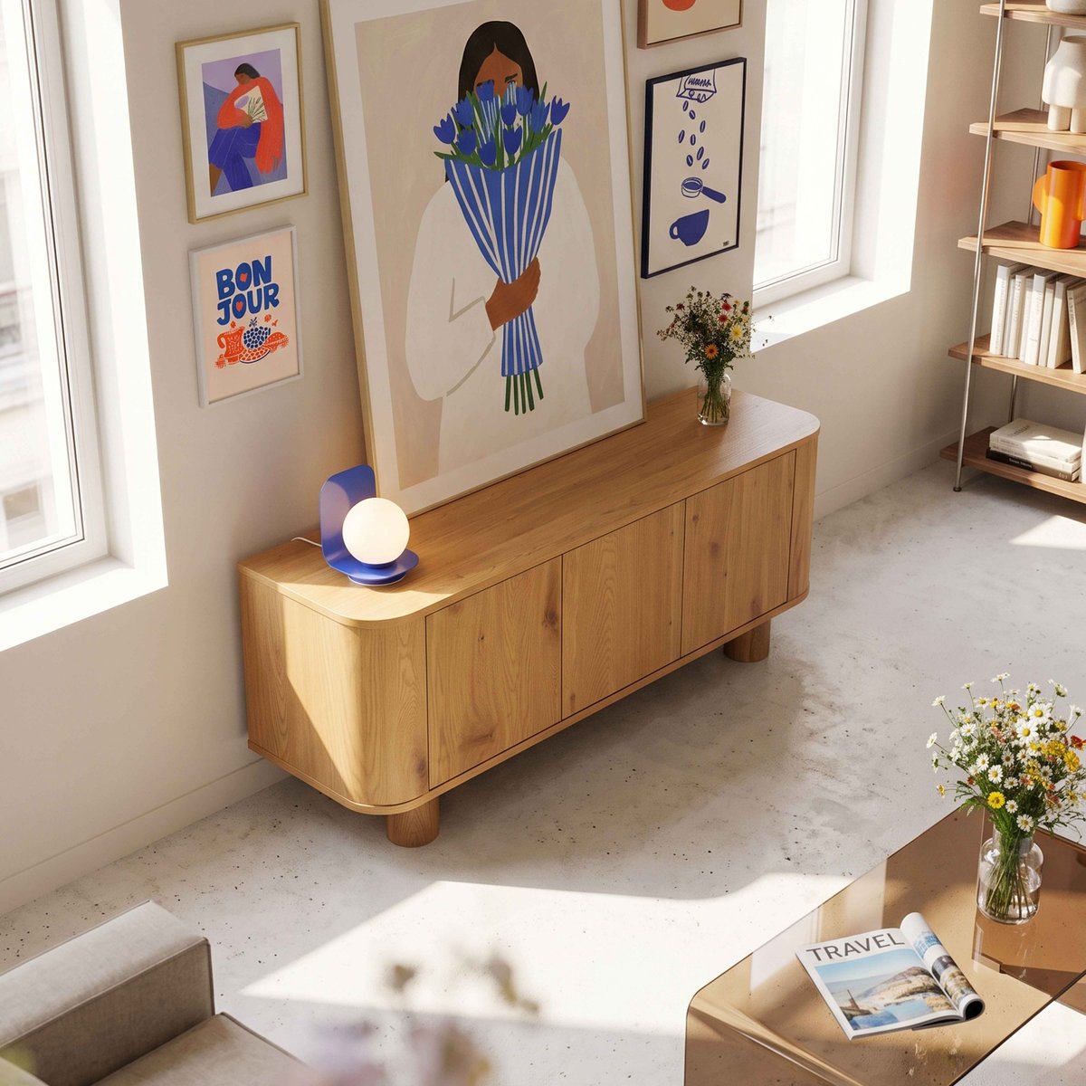 Meuble TV effet bois 120 cm style scandinave, DARIO bois clair, OVIALA