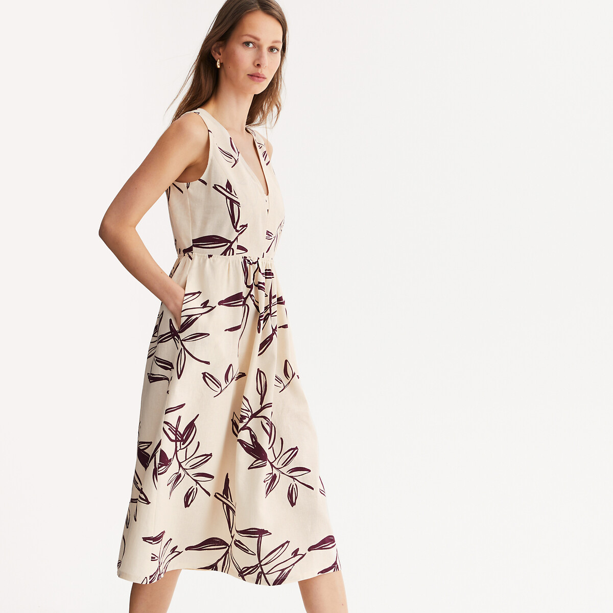 Midi flared sleeveless dress with 3/4 length ivory print, ANNE WEYBURN