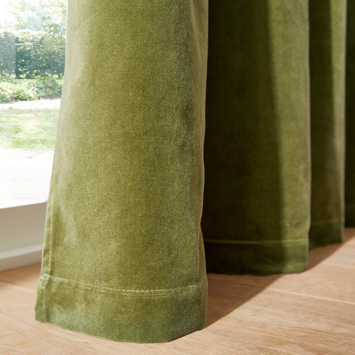 Fluwelen gordijn, met aangerimpelde bies en golf, VELVET mosgroen, LA REDOUTE INTERIEURS