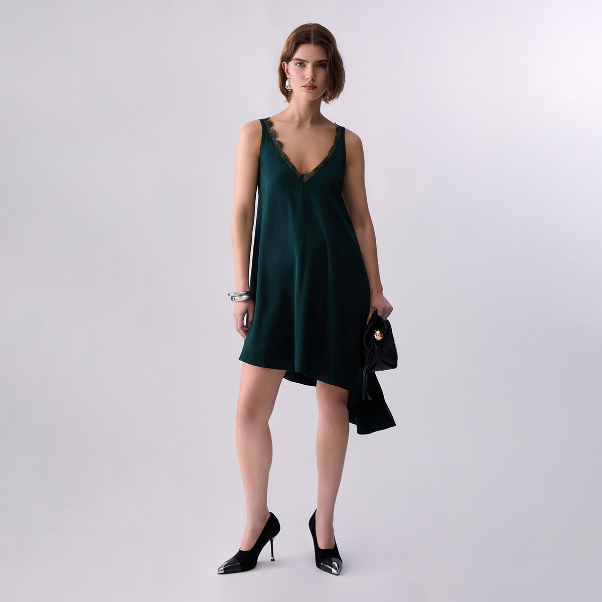 Robe Asymétrique en Satin vert foncé, LIU JO