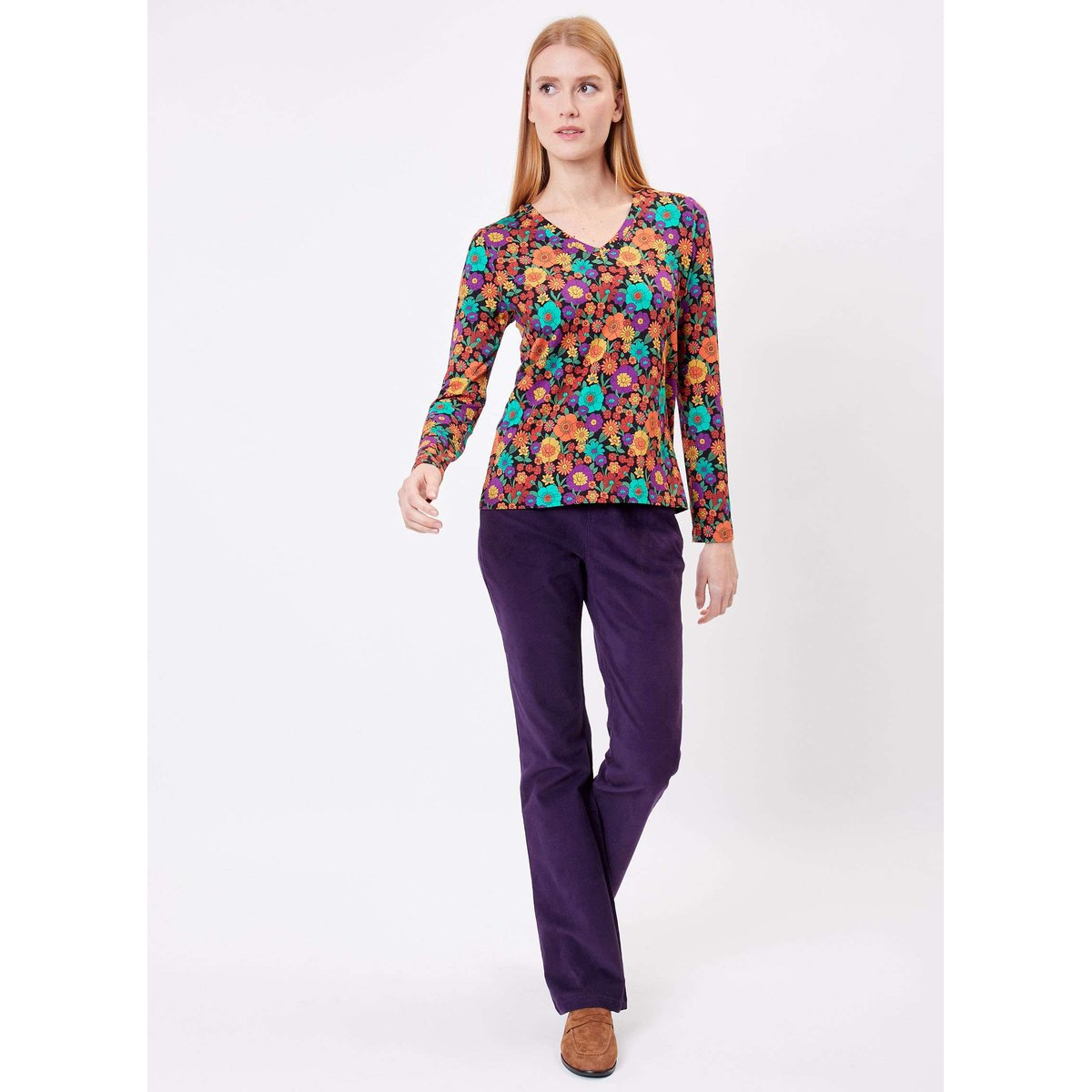 Tee shirt imprimé droit col V JULIA orange multicolore, PRINCESSE NOMADE