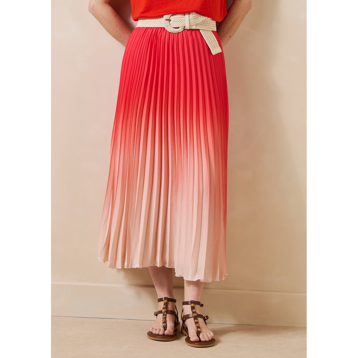 Jupe longue plissée à imprimé tie & dye paprika, LA FEE MARABOUTEE