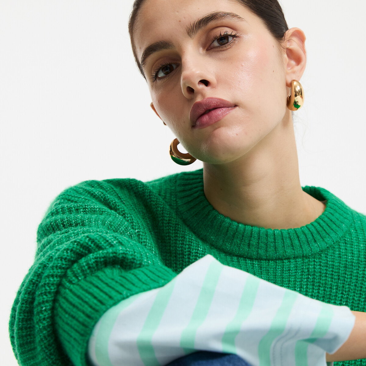 Pull col rond en grosse maille mousseuse vert, LA REDOUTE COLLECTIONS