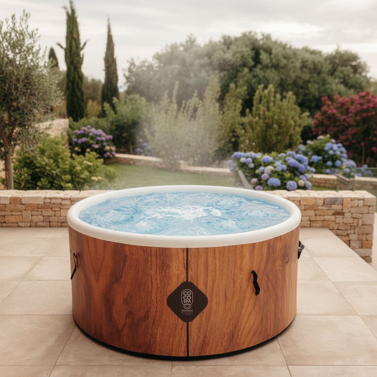 Spa gonflable chauffant & massant imitation bois couleur unique, COCO SPA