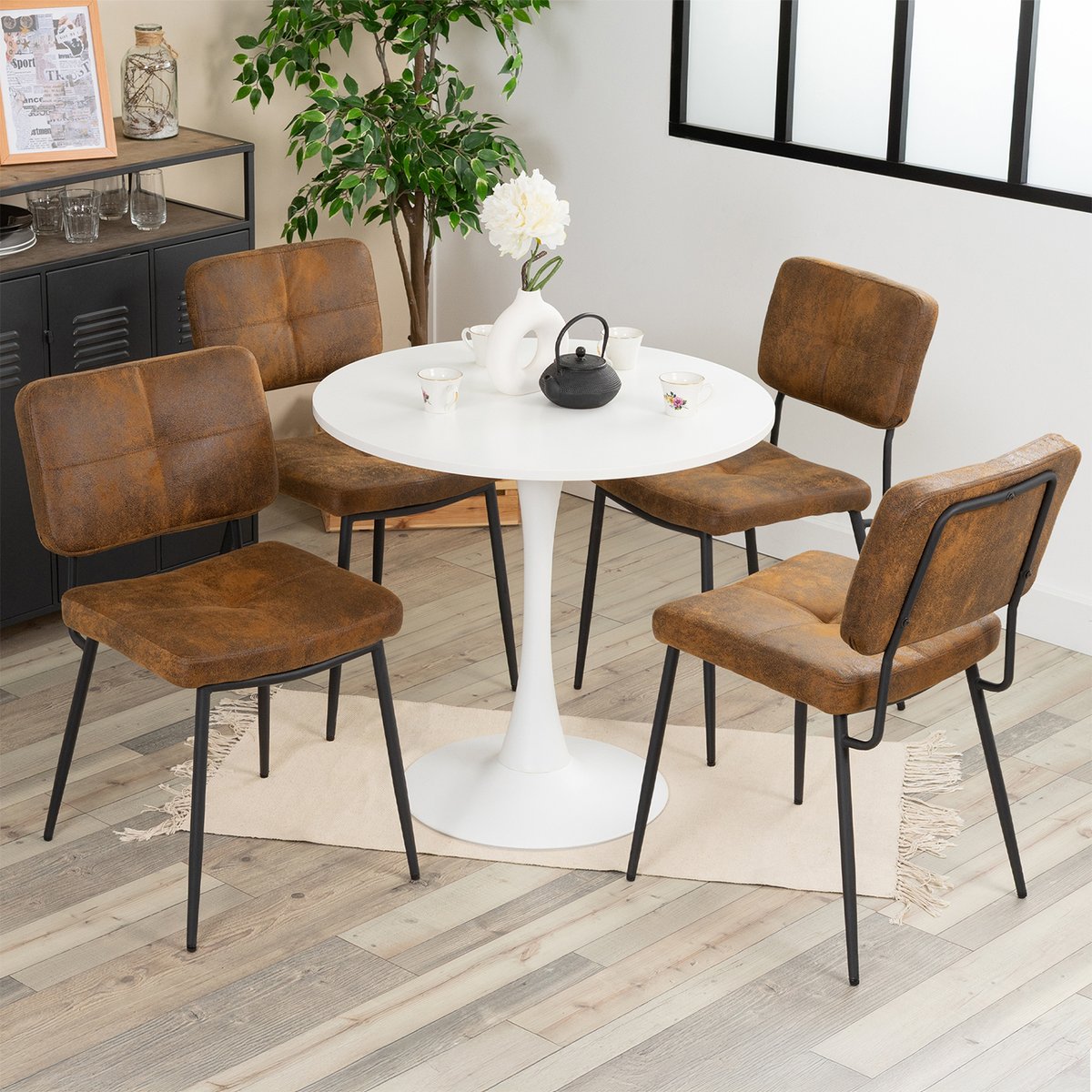 Ensemble table à manger ronde avec 4 chaises, CLIFTWHITESET brown, MEUBLES COSY