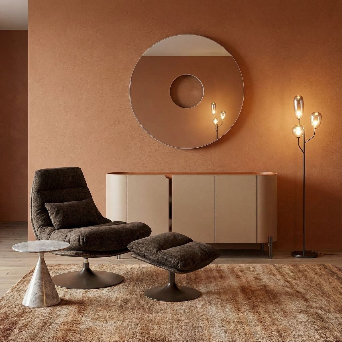 Fauteuil pivotant et repose-pieds, MONTREAL marron, KARE DESIGN