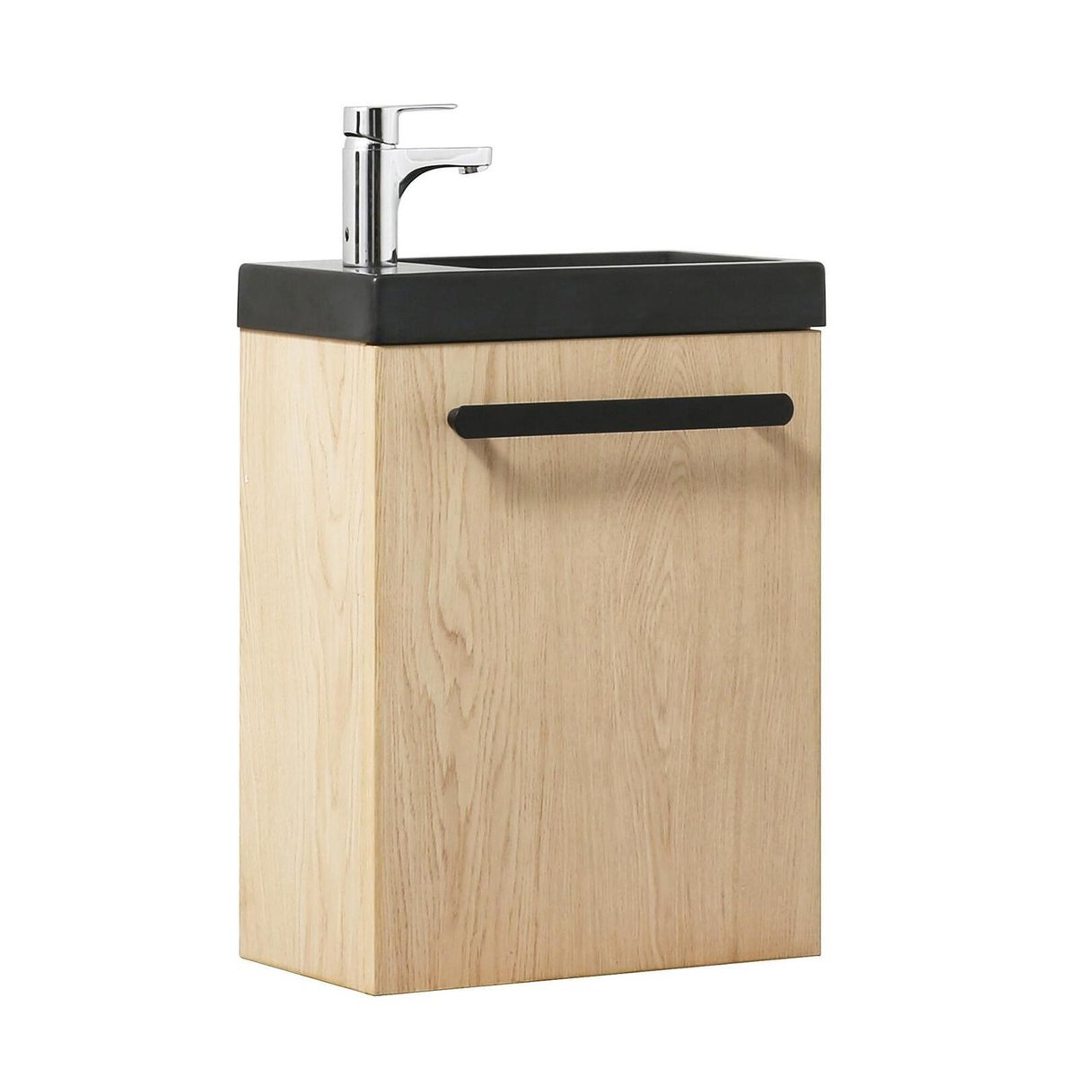 Ensemble lave-mains suspendu avec robinet chromé NEVADA décor chêne (vasque noire), MOB IN