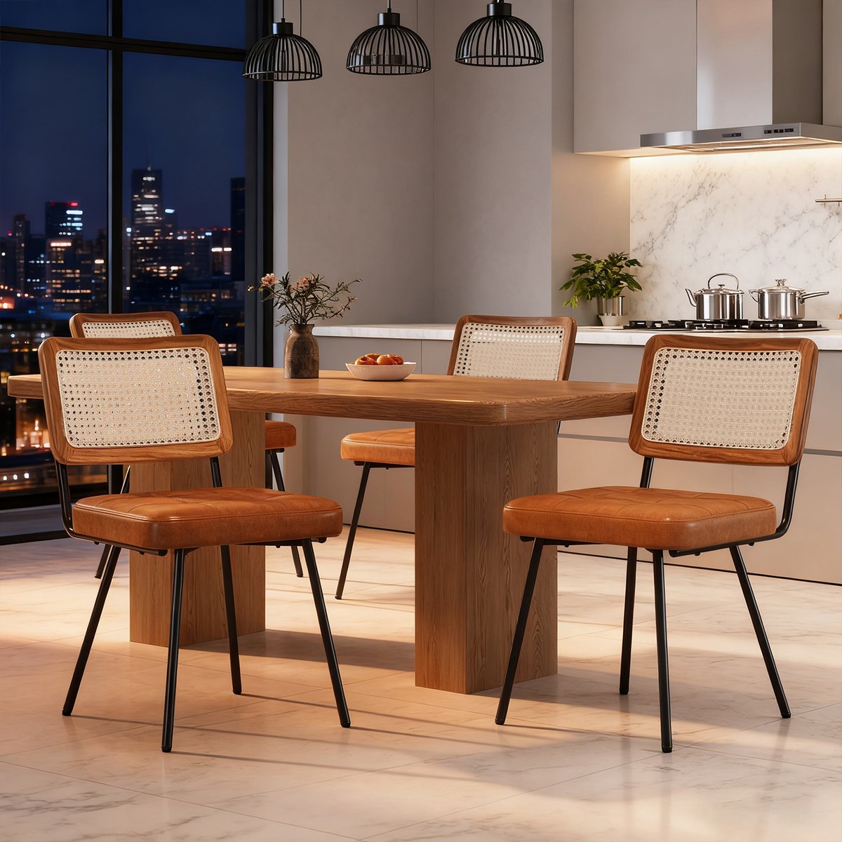 Lot de 4 chaises de salle à manger en simili cuir avec dossier en rotin PE style rétro moderne, KAROMIR marron, MEUBLES COSY