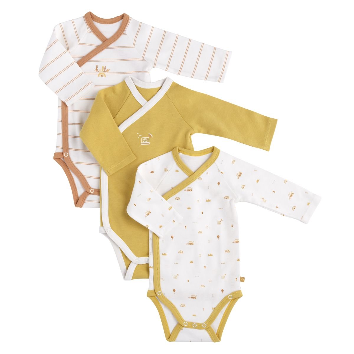 Bodies bébé en coton à manches longues lot de 3 jaune/blanc, SAUTHON