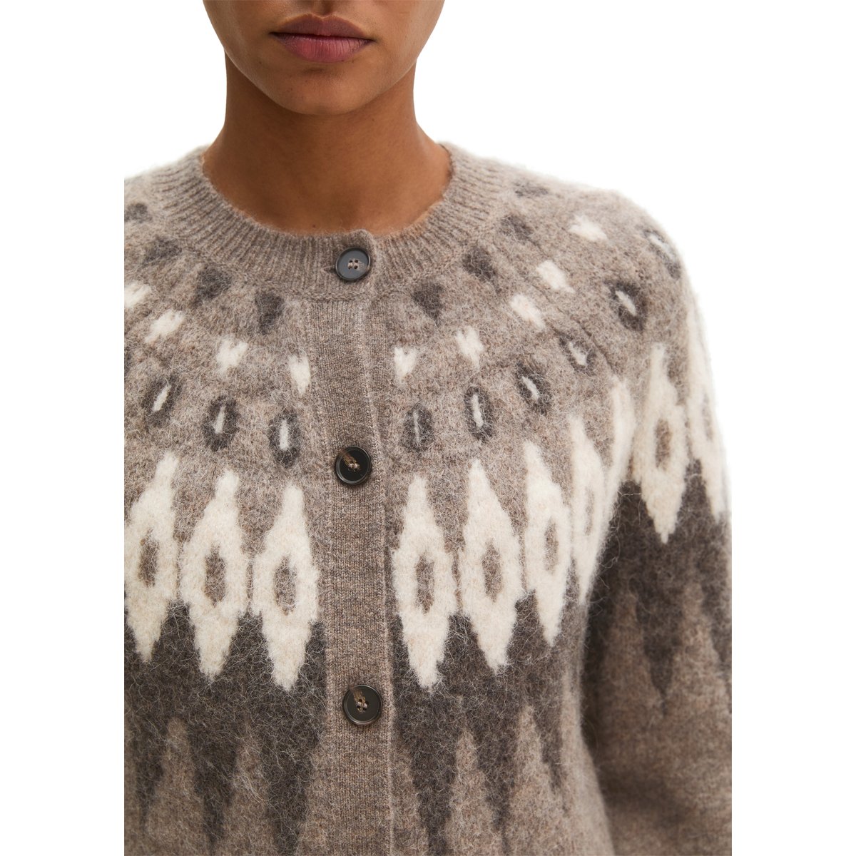Cardigan jacquard ajusté en un mélange douillet de laine et de laine d'alpaga marron, MARC O'POLO