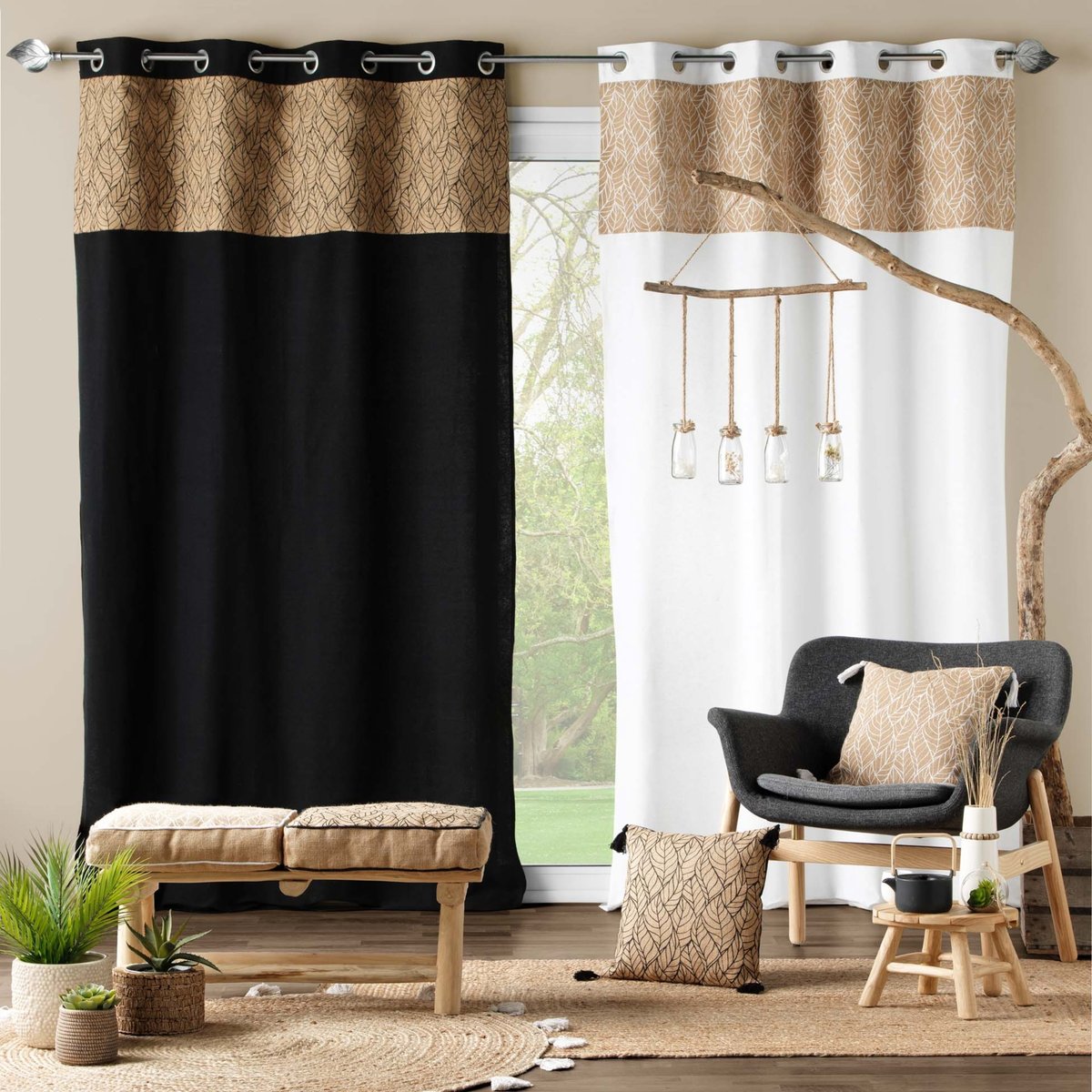 Rideau bi-matière avec toile de jute imprimée blanc, DOUCEUR D'INTÉRIEUR