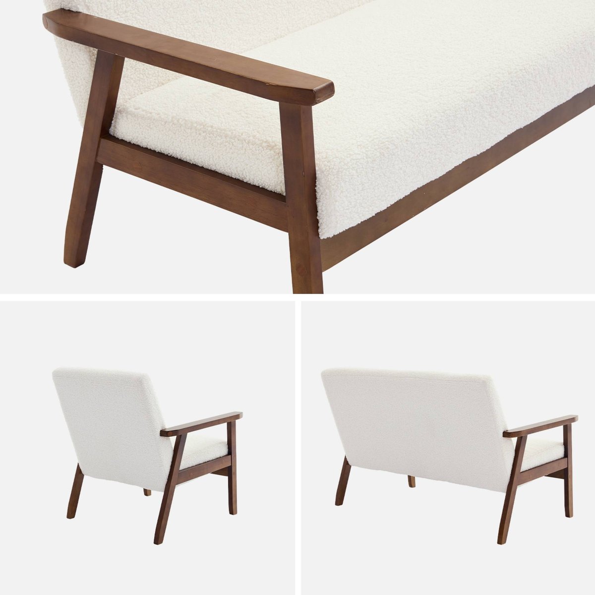 Banquette 2 places + fauteuil 1 place bois d'hévéa teinté noyer clair et bouclette ISAK crème, SWEEEK