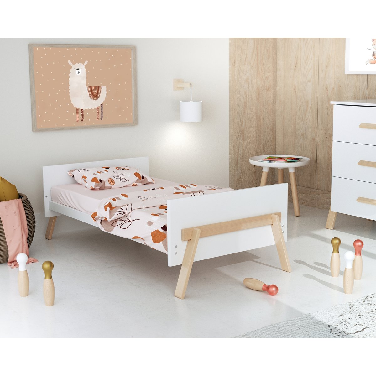 Lit bébé évolutif en bois CANAILLE blanc et hêtre verni, AT4